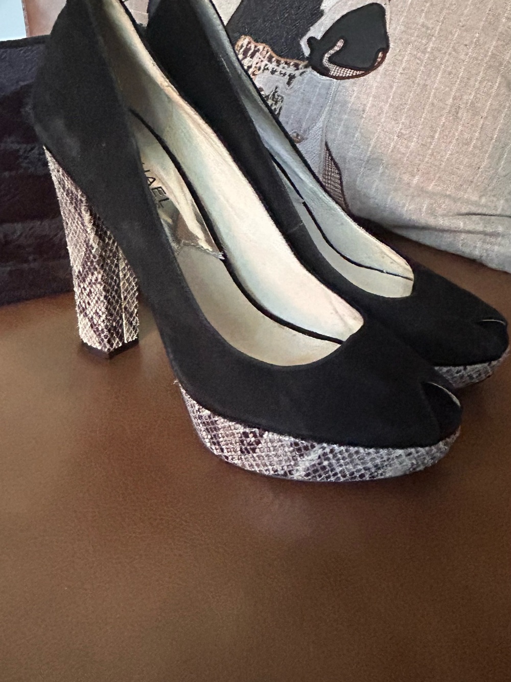 Michael Kors platforms Black Suede Peep-Toe Platform Pumps with Snakeskin Heel